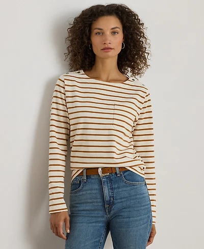 Lauren Ralph Petite Striped Jersey Snap-Trim Boatneck Top