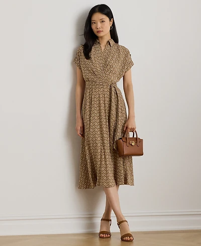 Lauren Ralph Petite Geo-Print Belted Crepe Dress