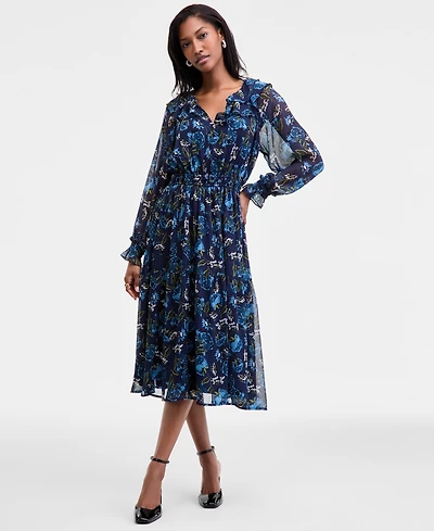 On 34th Women's Printed Ruffle-Trim Long-Sleeve Midi Dress, Macy's Exclusive
