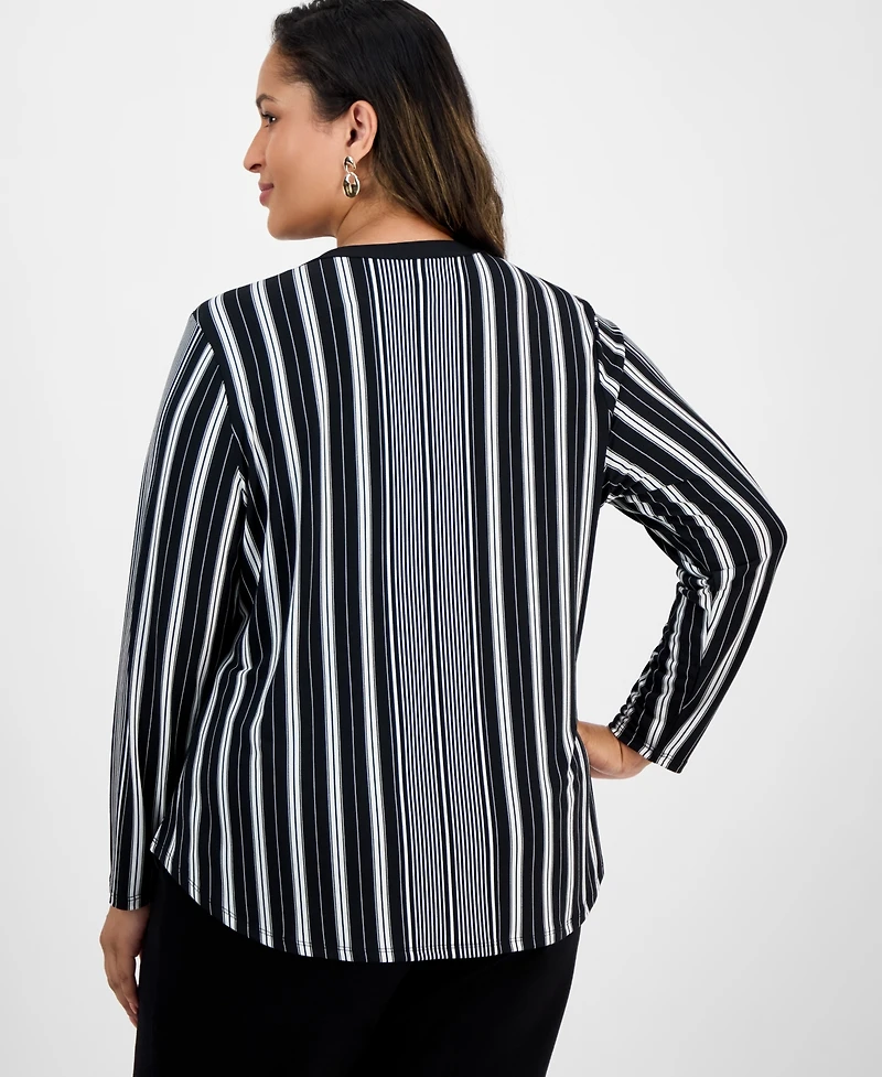 Jm Collection Plus Striped V-Neck Long-Sleeve Top, Exclusively at Macy's