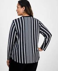 Jm Collection Plus Striped V-Neck Long-Sleeve Top, Exclusively at Macy's