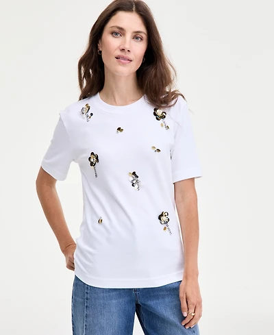 On 34th Women's Scattered-Floral-Embellished Cotton T-Shirt, Macy's Exclusive