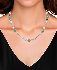 2-Pc. Set Dyed Green Jade & Cultured Freshwater Pearl (6-7mm) Collar Necklace & Bracelet in Sterling Silver