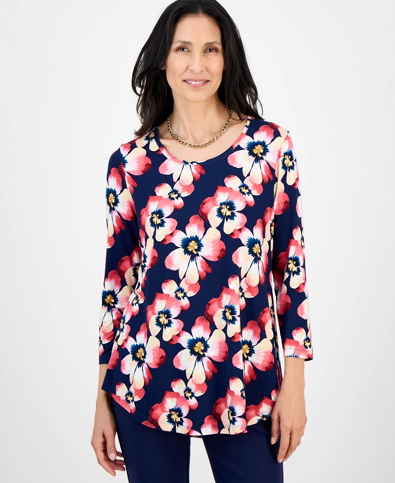Jm Collection Women's Printed Scoop-Neck 3/4-Sleeve Top, Exclusively at Macy's