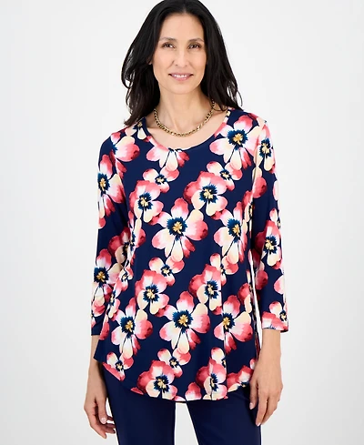 Jm Collection Women's Printed Scoop-Neck 3/4-Sleeve Top, Exclusively at Macy's