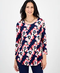 Jm Collection Women's Printed Scoop-Neck 3/4-Sleeve Top, Exclusively at Macy's