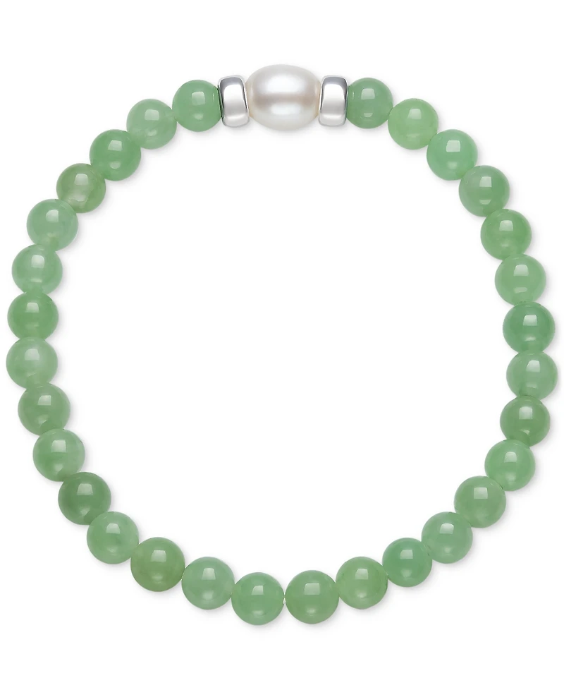 Dyed Green Jade & Cultured Freshwater Pearl (7mm) Bead Bracelet in Sterling Silver