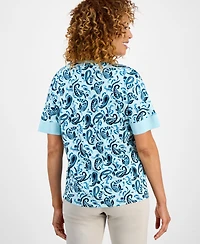 Jm Collection Women's Printed Short-Sleeve Satin-Trim Top, Exclusively at Macy's