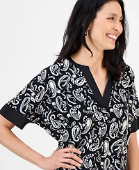 Jm Collection Women's Printed Short-Sleeve Satin-Trim Top, Exclusively at Macy's