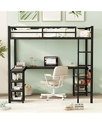 Full Metal Loft Bed with Desk and Shelves, Loft Bed with Ladder and Guardrails, Loft Bed Frame for Bedroom, Black