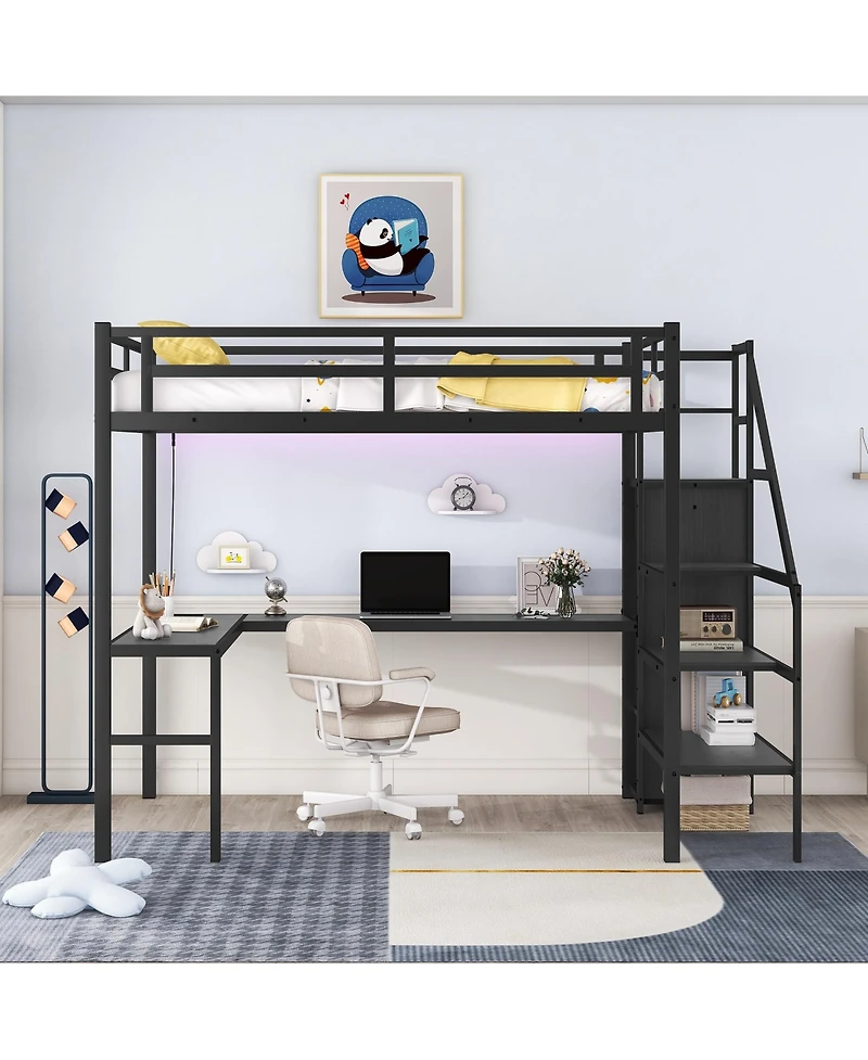 Full Size Loft Bed with L-shaped Desk and Usb, Metal Loft Bed with Wardrobe and Adjustable Shelf, High Loft Bed with Led for Kids Teens Adults
