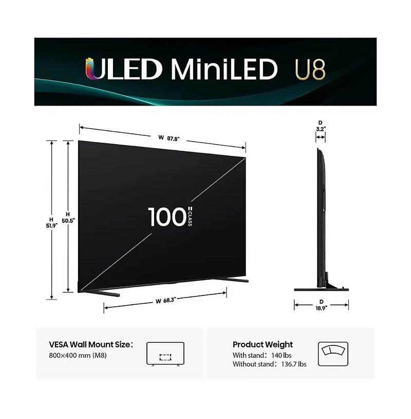 Hisense 100" Class U8 Series 4K Mini-led Qled Uhd Smart Google Tv - 100U8QG