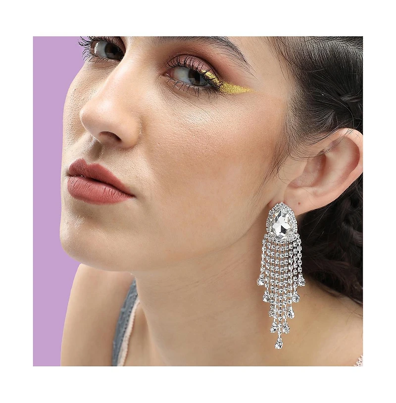 Sohi Women's Silver Embellished Drop Earrings