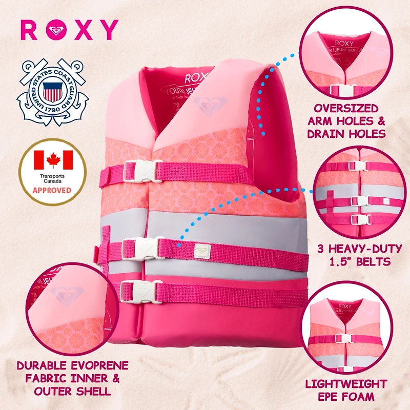 Roxy Life Vest Uscg Approved for kids, Lightweight Epe Foam with Quick-Release Buckles