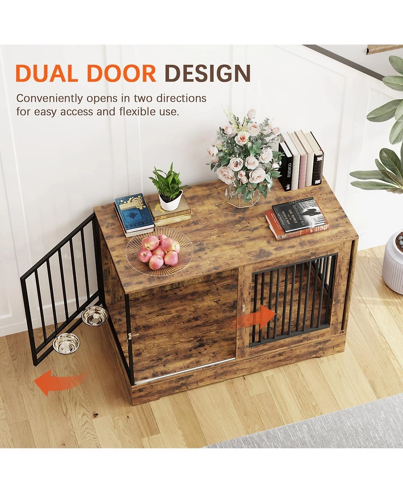 2-in-1 Wooden Dog Crate Furniture for Large Dogs, Heavy-Duty Kennel with Double Doors, Stylish End Table Design