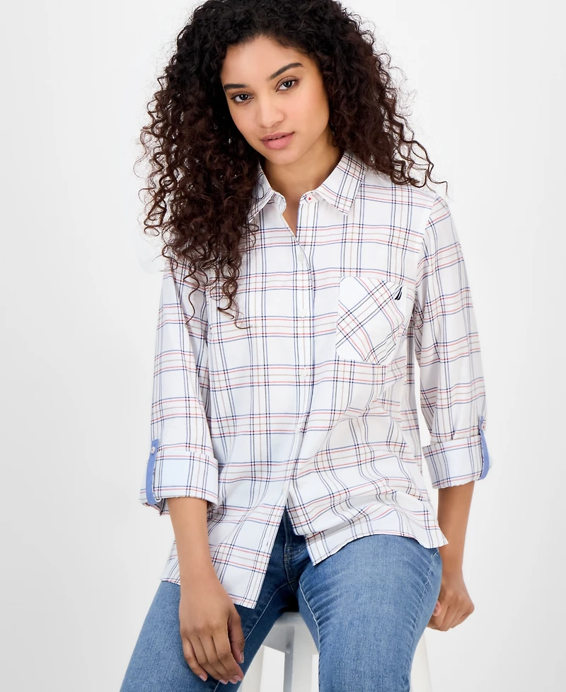 Nautica Jeans Women's Providence Plaid Cotton Roll-Tab-Sleeve Shirt