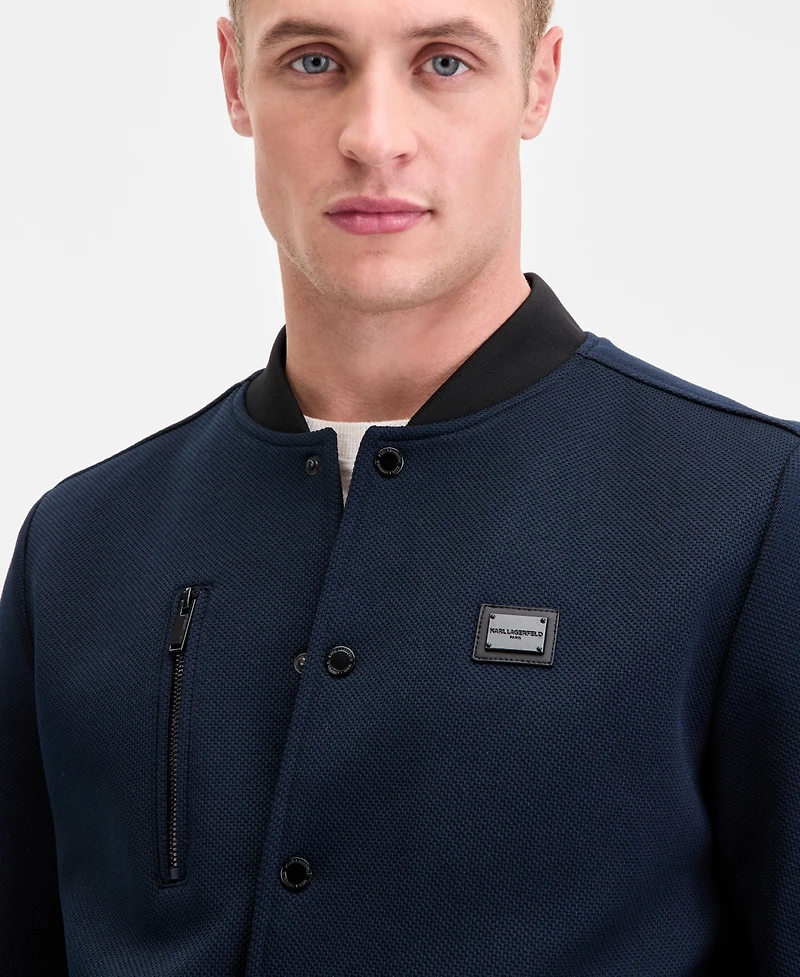 Karl Lagerfeld Men's Textured Varsity Zip Bomber Jacket