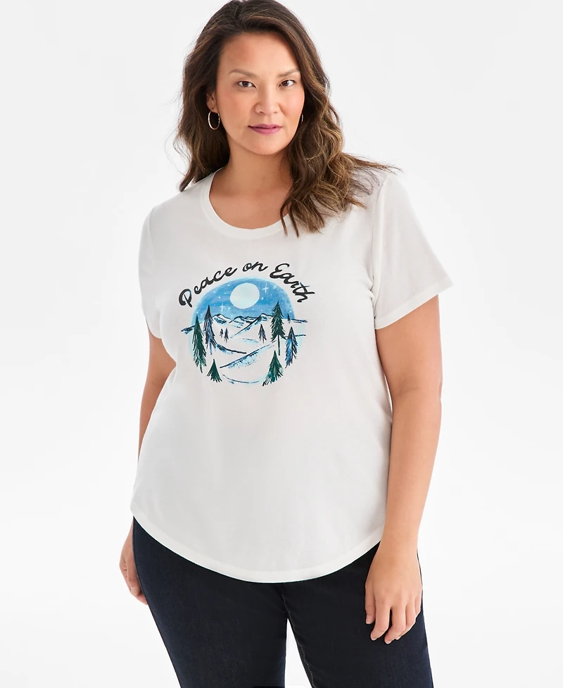 Style & Co Plus Peace On Earth Graphic T-Shirt, Macy's Exclusive