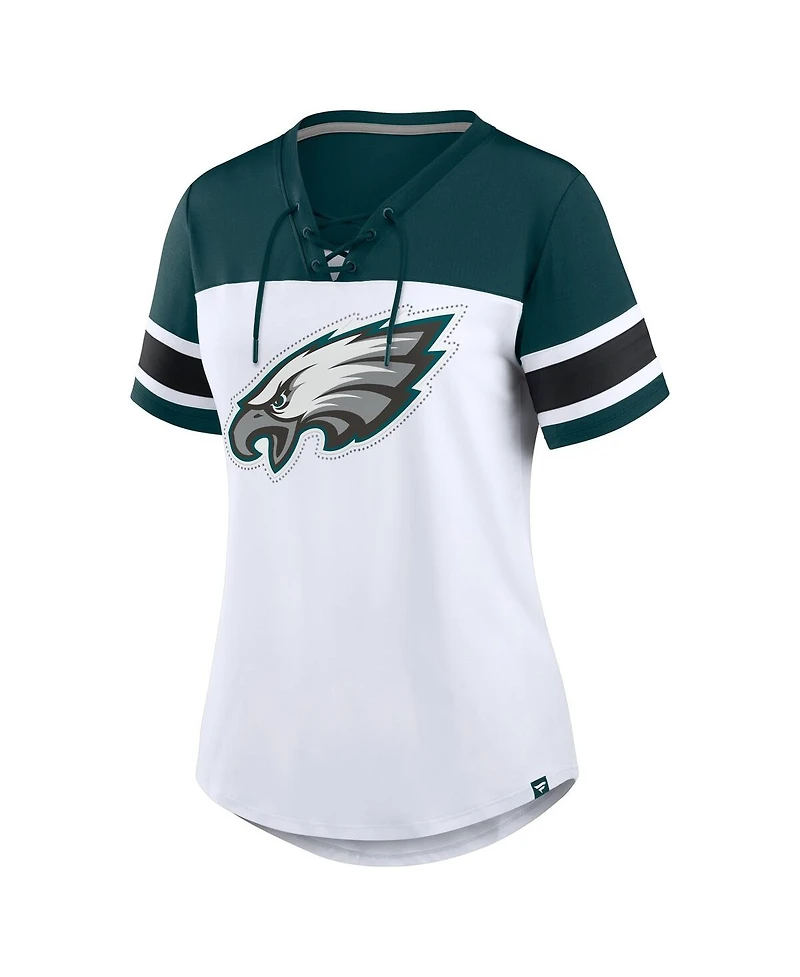 Fanatics Women's White/Midnight Green Philadelphia Eagles Athena Rhinestone Lace-Up V-Neck T-Shirt