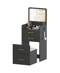 Vlsrka 3-in-1 Vanity Desk with Flip-Top Mirror, Glass Top, 3 Drawers, and Stool