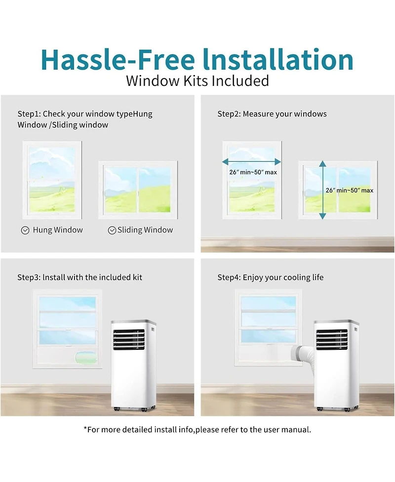 Zafro 8,000 Btu Portable Ac for Rooms up to 350 Sq.ft – Quiet, Remote Control, Digital Display, Easy Install Window Kit, Ideal for Home & Offic