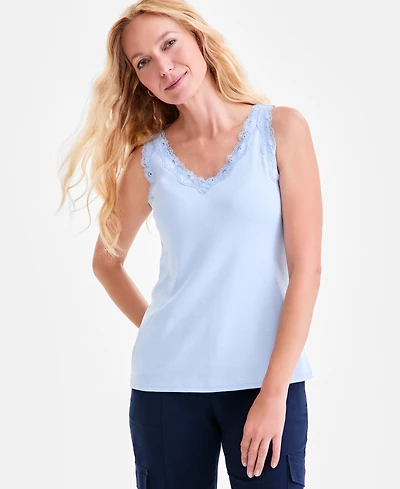 Style & Co Women's Lace-Trim Cotton Tank Top, Exclusively at Macy's