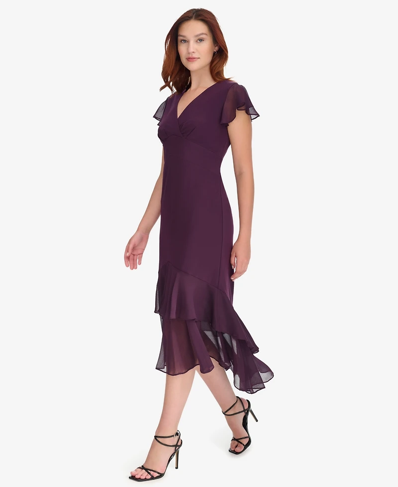 Tommy Hilfiger Women's V-Neck Chiffon-Trim Midi Dress with Flutter Sleeves
