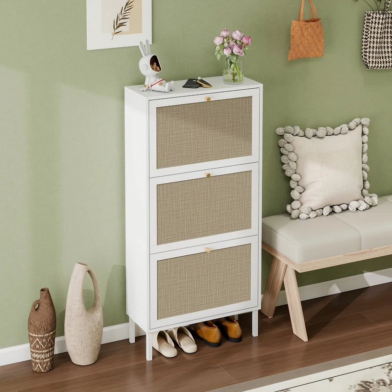 Boyel Living Rattan Shoe Storage Cabinet with 3 Flip Drawers Rattan 3 Door Shoe Rack Freestanding Modern Shoe Storage Cabinet for Entryway