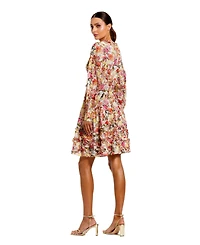 Mac Duggal Women's V-Neck Cotton Mini Dress with Ruffles and Multicolor Floral Print