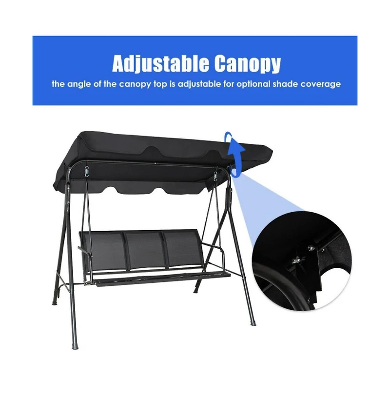 3 Person Steel Frame Patio Porch Swing with Polyester Angle and Adjustable Canopy