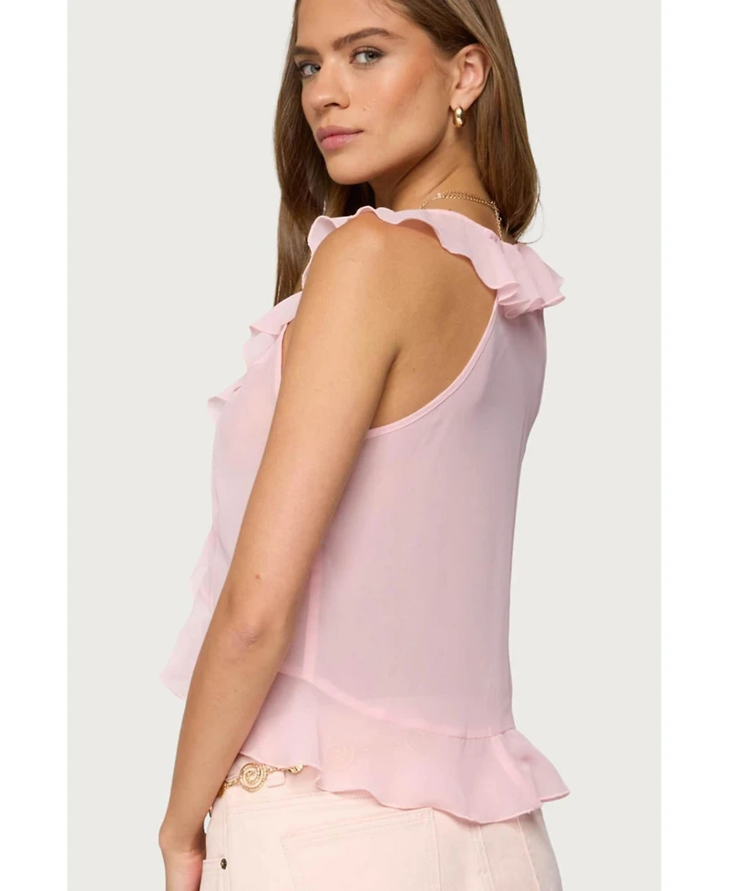 Edikted Womens Roxan Ruffle Chiffon Tie Front Top