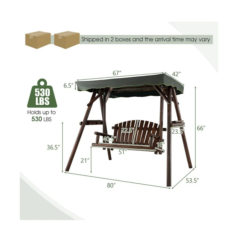 2-Person Outdoor Wooden Porch Swing with an Adjustable Canopy