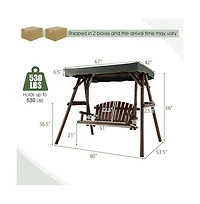 2-Person Outdoor Wooden Porch Swing with an Adjustable Canopy