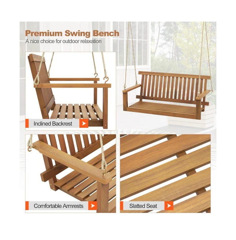2-Seat Acacia Wood Porch Swing Bench with 2 Hanging Hemp Ropes