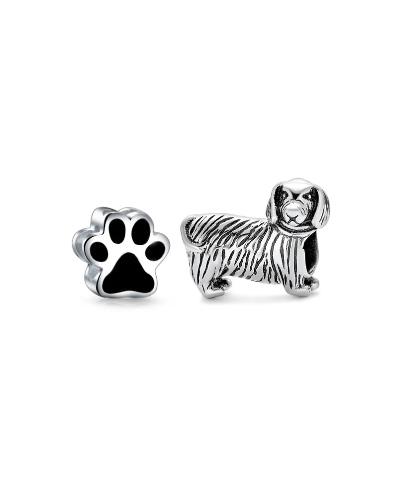 Bling Jewelry Set of 2 Oxidized Silver Dachshund Dog & Black Paw Print Charm Bead Pet Animal Lover