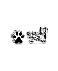 Bling Jewelry Set of 2 Oxidized Silver Dachshund Dog & Black Paw Print Charm Bead Pet Animal Lover