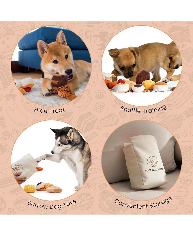 Nocciola 10 Pcs Bread Dog Toy Set with a Grocery Bag,Christmas gift, Crinkle Squeaky Plush Puppy Toys
