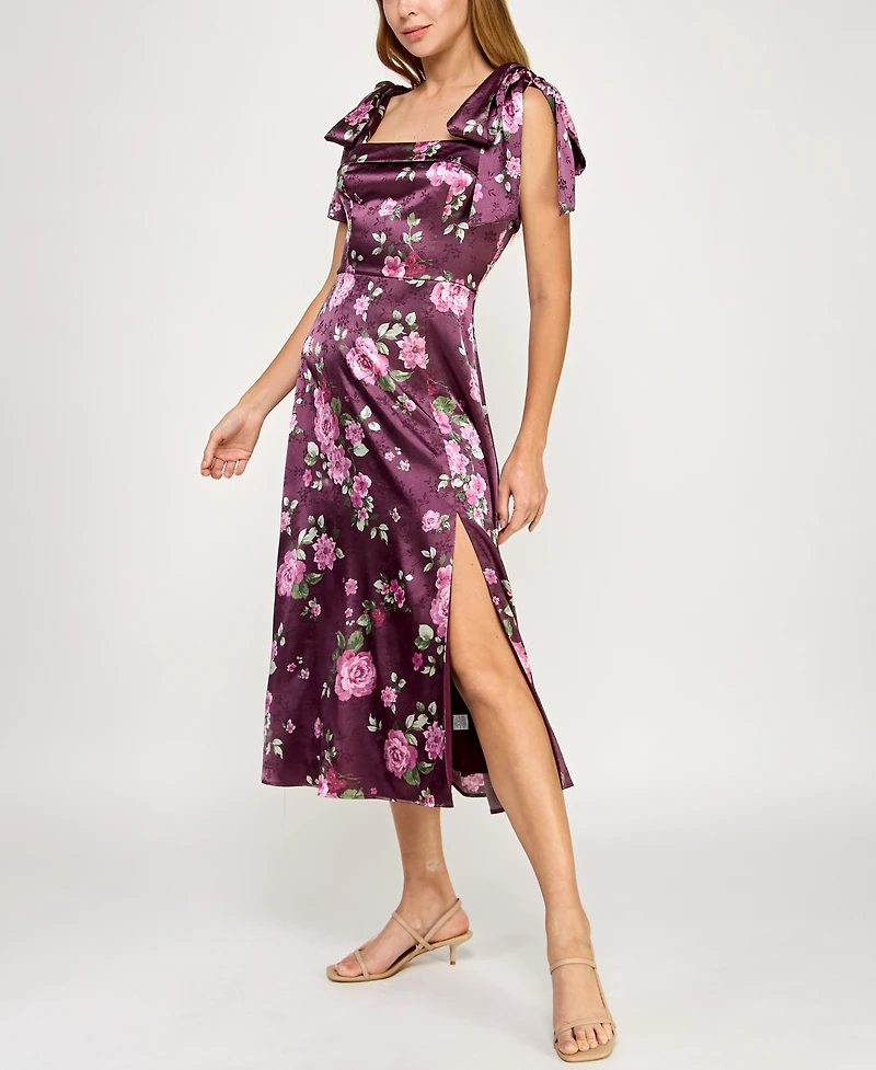 Row A Juniors' Satin Printed Fit & Flare Midi Dress