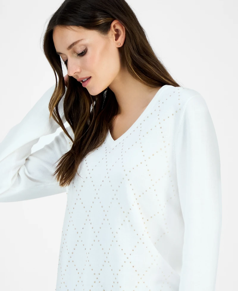 Tommy Hilfiger Women's Studded Argyle Cotton V-Neck Sweater