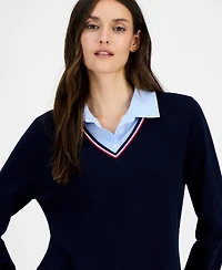 Tommy Hilfiger Women's Cotton Twofer V-Neck Long-Sleeve Sweater