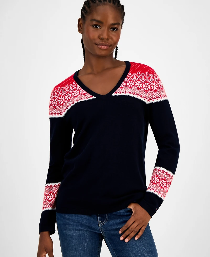Tommy Hilfiger Women's Cotton Fair Isle V-Neck Sweater
