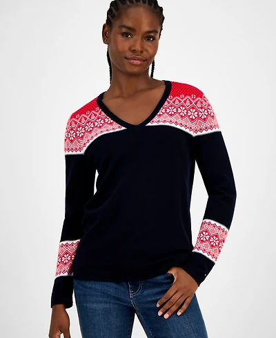 Tommy Hilfiger Women's Cotton Fair Isle V-Neck Sweater