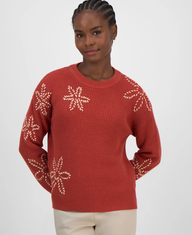 T Tahari Women's Floral-Embroidered Crewneck Sweater