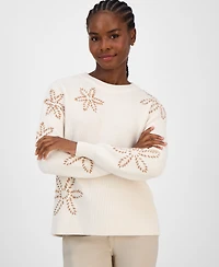 T Tahari Women's Floral-Embroidered Crewneck Sweater