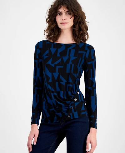 Ak Anne Klein Women's Geo-Print Button-Trim Top
