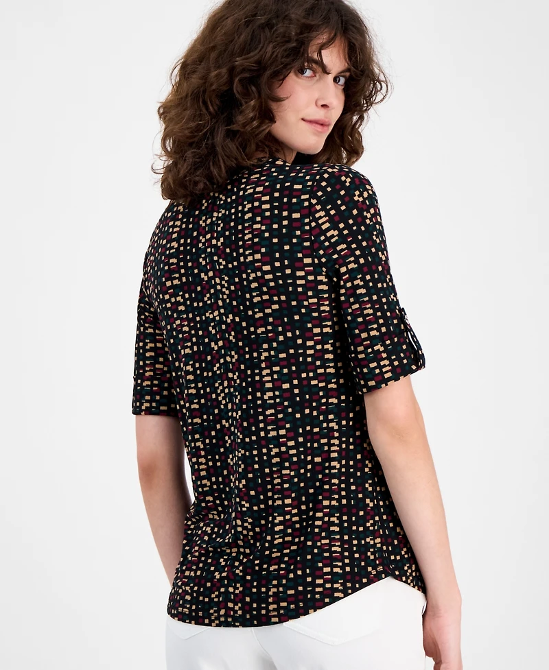 Ak Anne Klein Women's Printed Roll-Tab Top