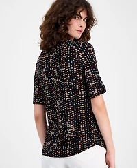 Ak Anne Klein Women's Printed Roll-Tab Top