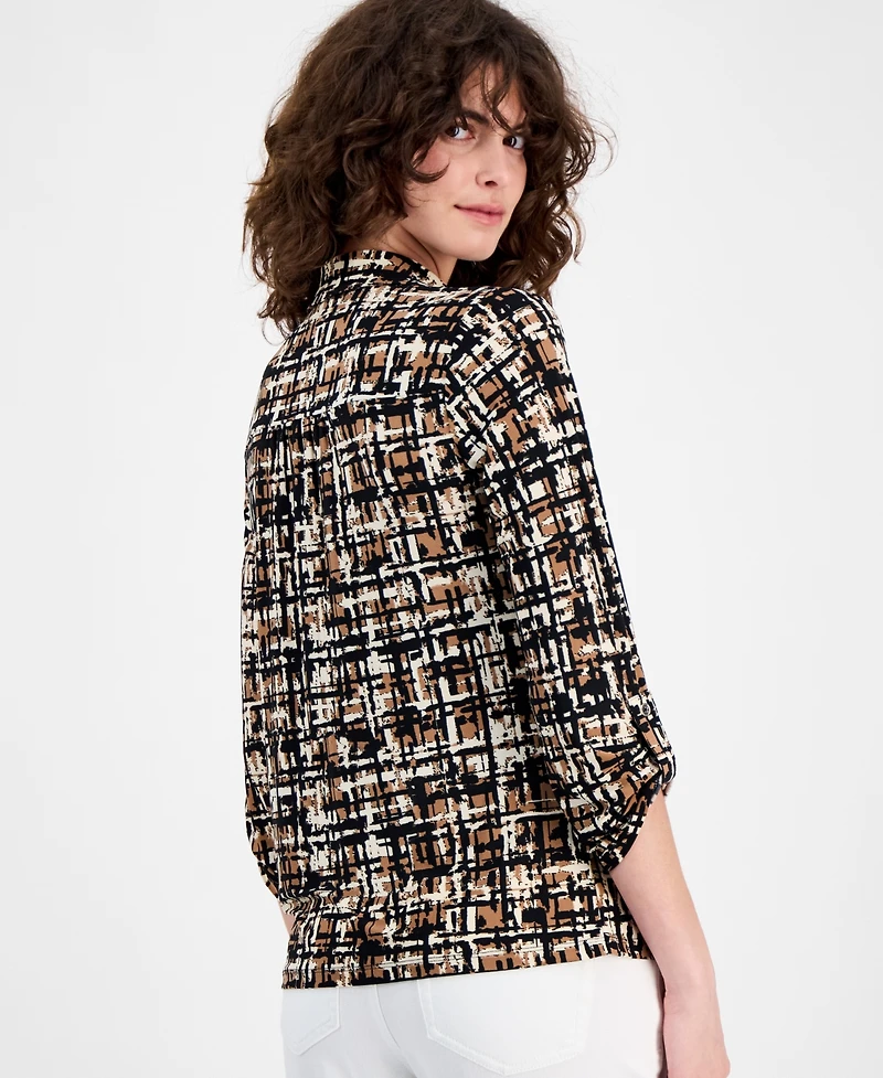 Ak Anne Klein Women's Printed Ruched-Tab Shirt