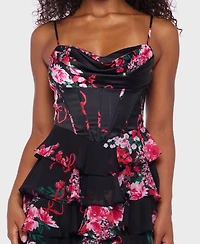 Alex & Sophia Juniors' Tiered Satin Skirt Corset Draped Neck Dress
