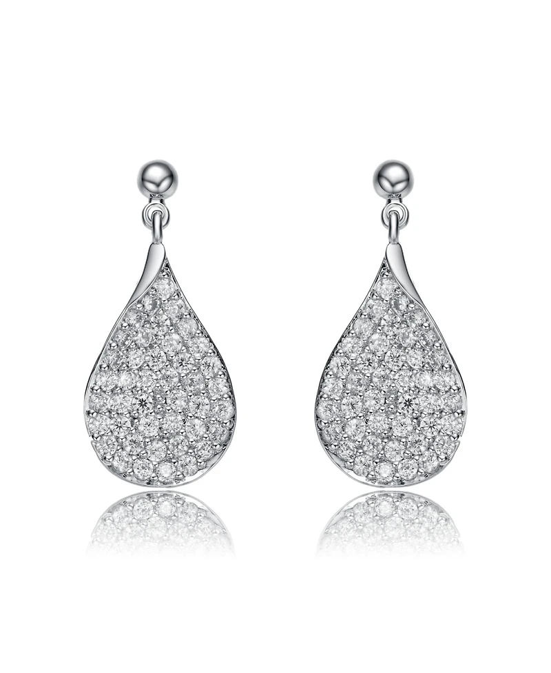 Rachel Glauber White Gold Plating with French Pave Clear Cubic Zirconia Raindrop Pear Dangle Earrings